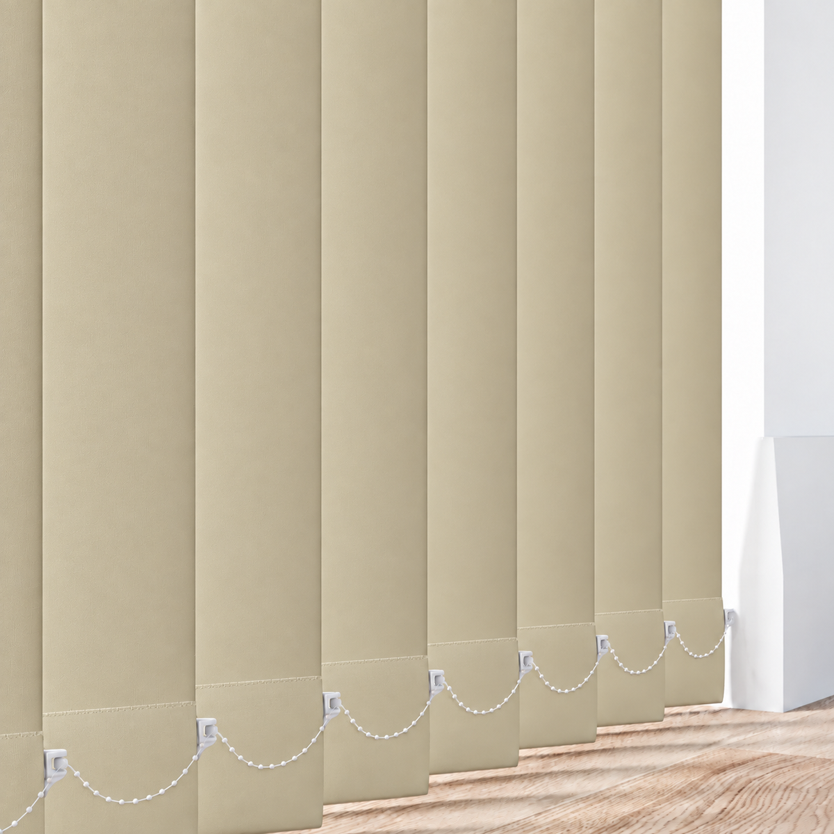 Signature Blackout Sand vertical blind fabric and slat detail