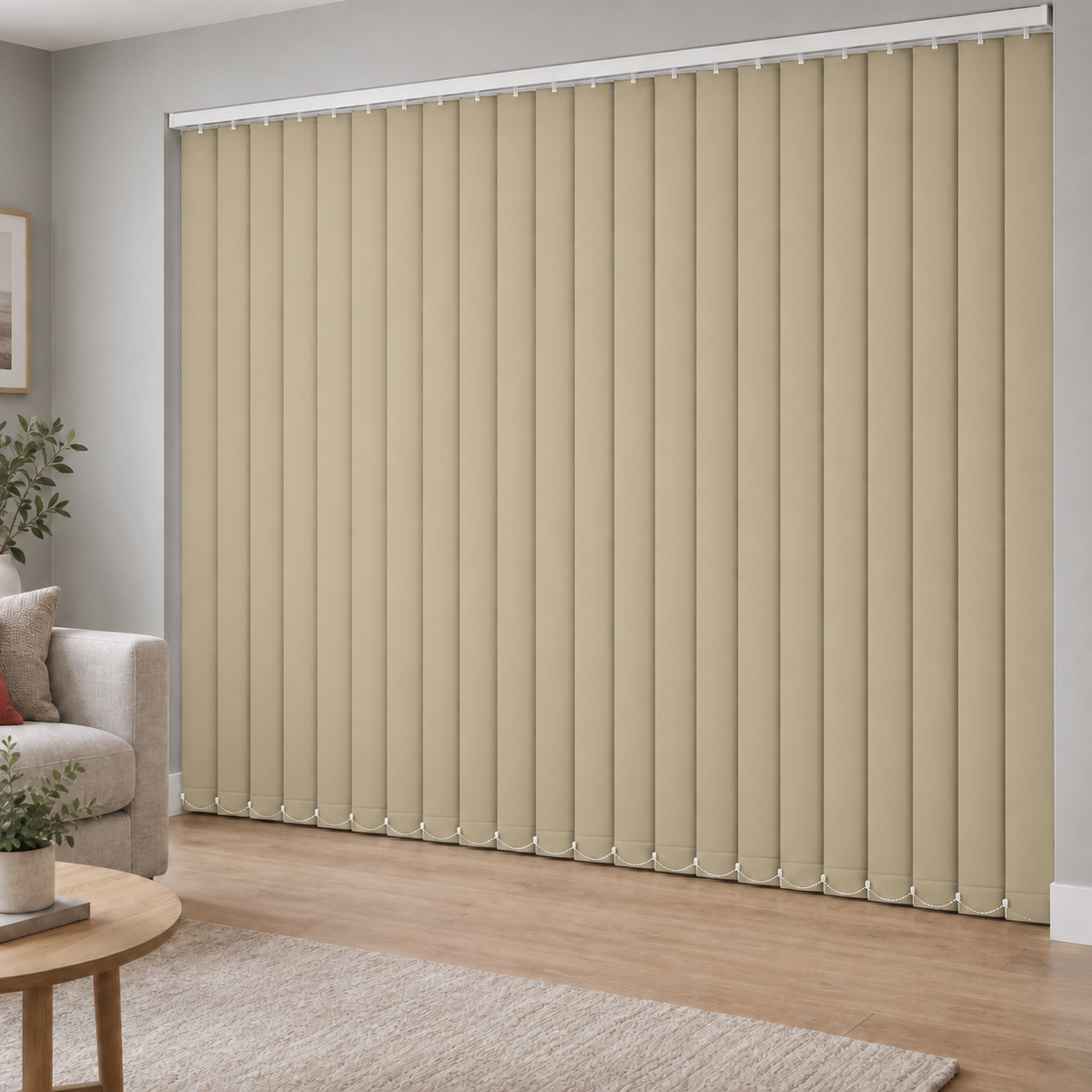 Signature Blackout Sand complete vertical blind in a room